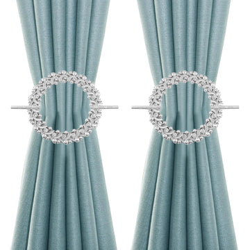 Silver Curtain Tiebacks Round Drapery Holdbacks, 20 Crystals - 2 Pack