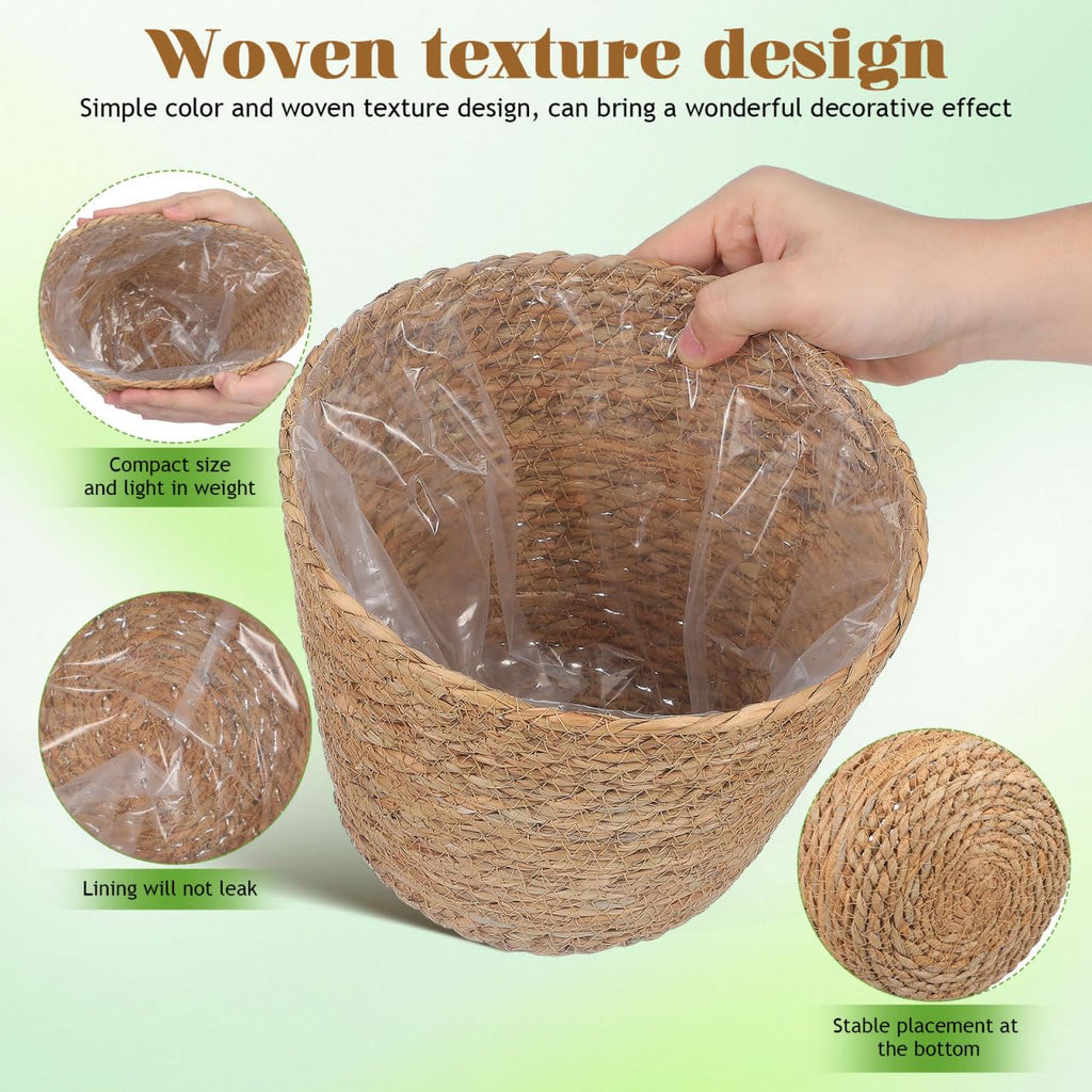 2Pcs Woven Plant Baskets with Liners Round Rattan Seagrass Planter