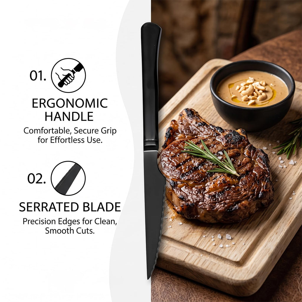 Black steak knives Ultra-Sharp Cutlery Set, Dinner Knives 6-Piece Stainless Steel kitchen Serrated Best chef Knife.