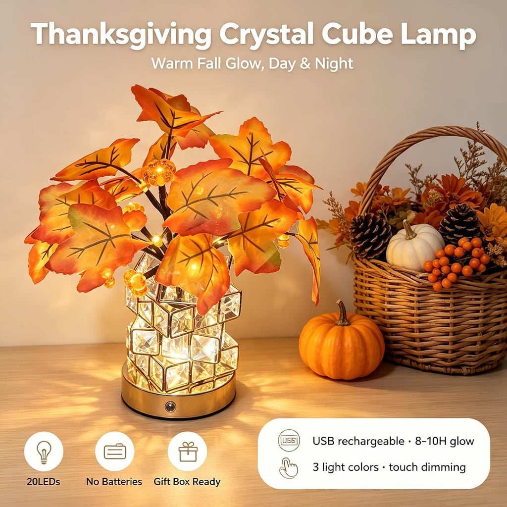 Crystal Cube LED Maple Leaf & Pumpkin Fall Centerpiece Lamp Desk Home
