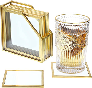 Gold Brass Clear Glass Round Coaster with Holder for Drinks - Set of 7