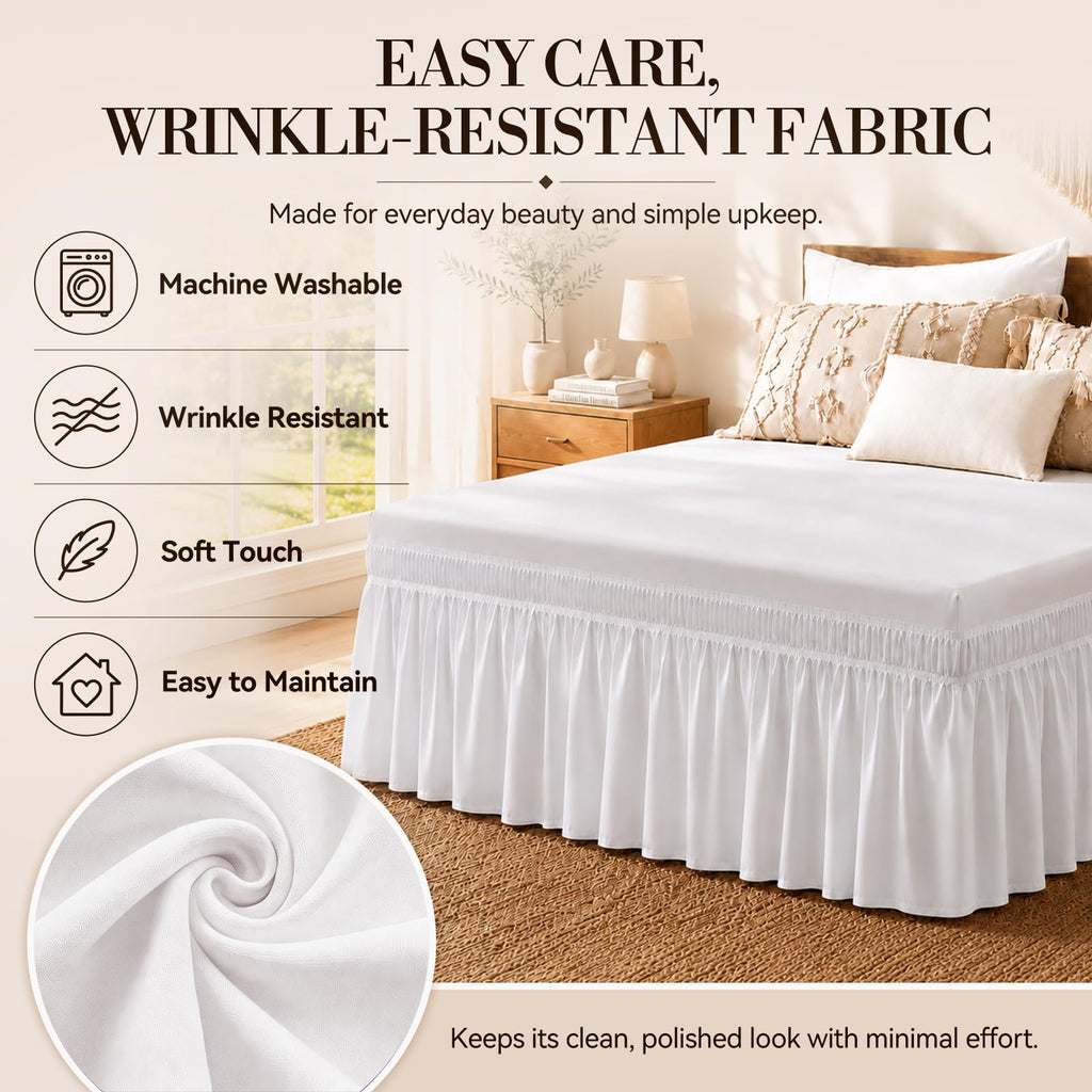 White Queen Bed Skirt 14 Inch Drop, Elastic Wrap Dust Ruffle