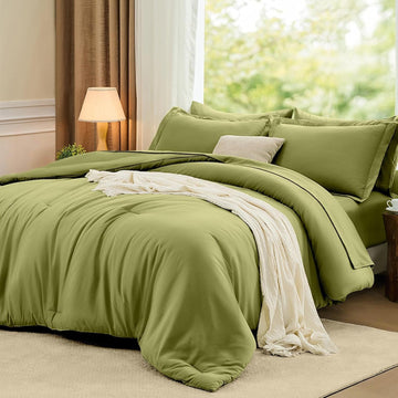 Queen Comforter Set Olive Green, 7 Pieces Soft Bedding Sets Queen, All Season Lightweight Bed in a Bag with Comforter
