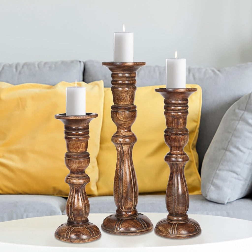 Wooden Candle Holder Set of 3, Tall Natural Burnt Pillar Candle Holders, Rustic Farmhouse Decor, Brown Wooden Candle