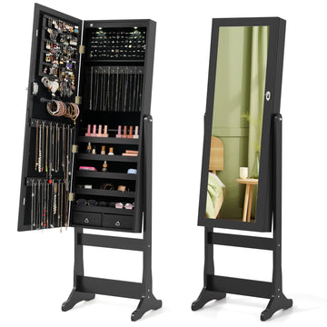 Standing Jewelry Cabinet with Full Length Mirror, 2 LEDs, Lockable