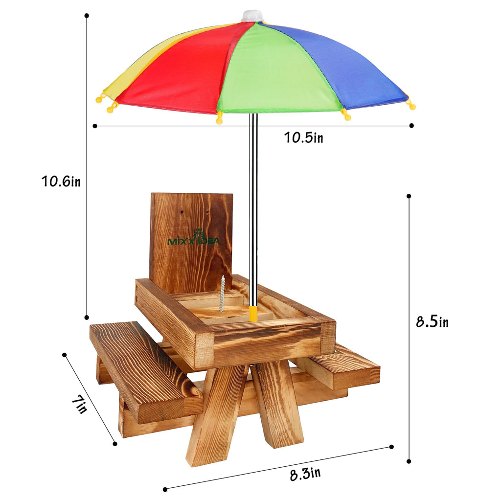 Squirrel Feeder Picnic Table with Tall Umbrella Set of 2, Wooden Squirrel Feeders for Outside, Cute Chipmunk Feeder