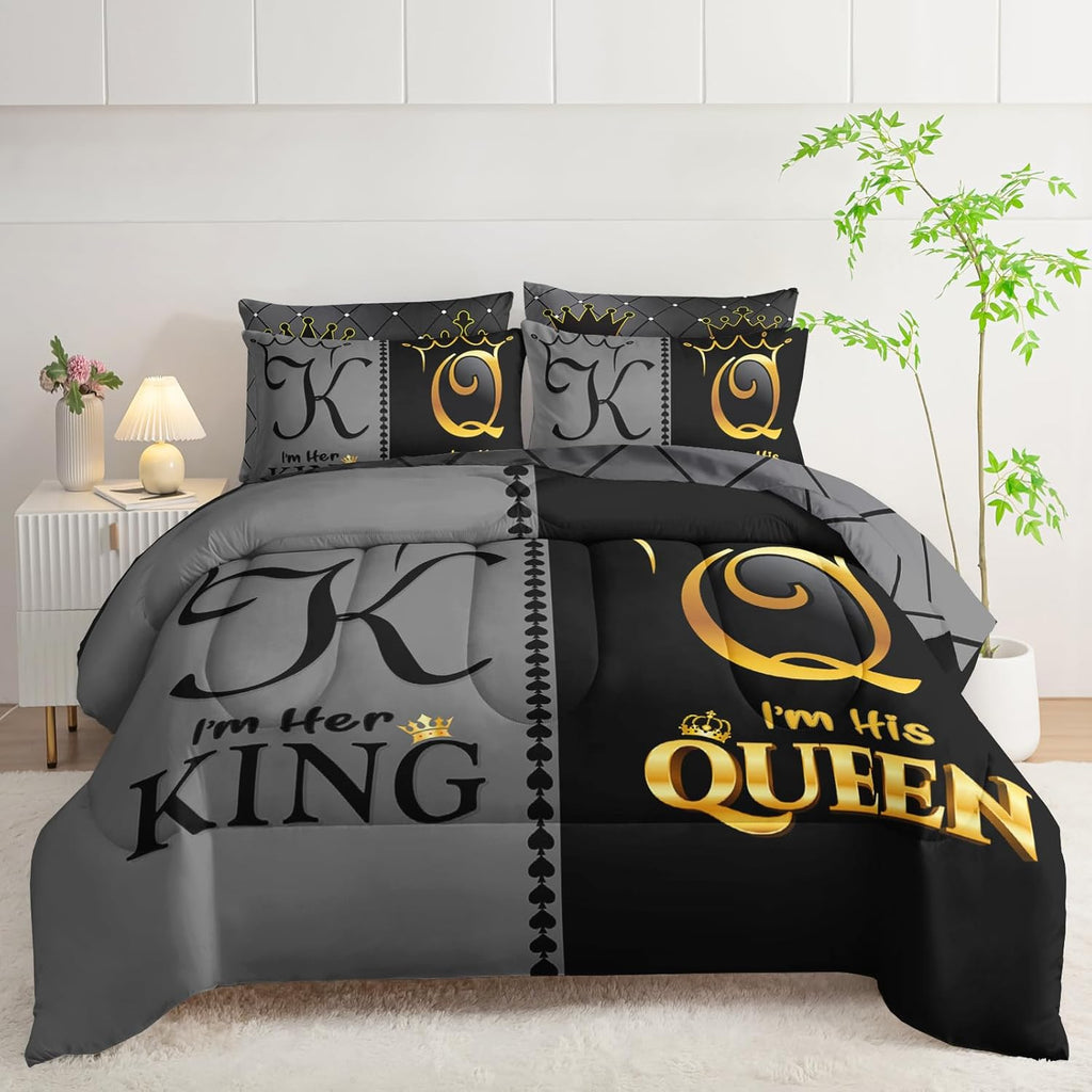Grey and Black Comforter Set Queen IZE,7-Piece K and Q Printed Crown Couple Bed in a Bag,His Her Lover Comforter &