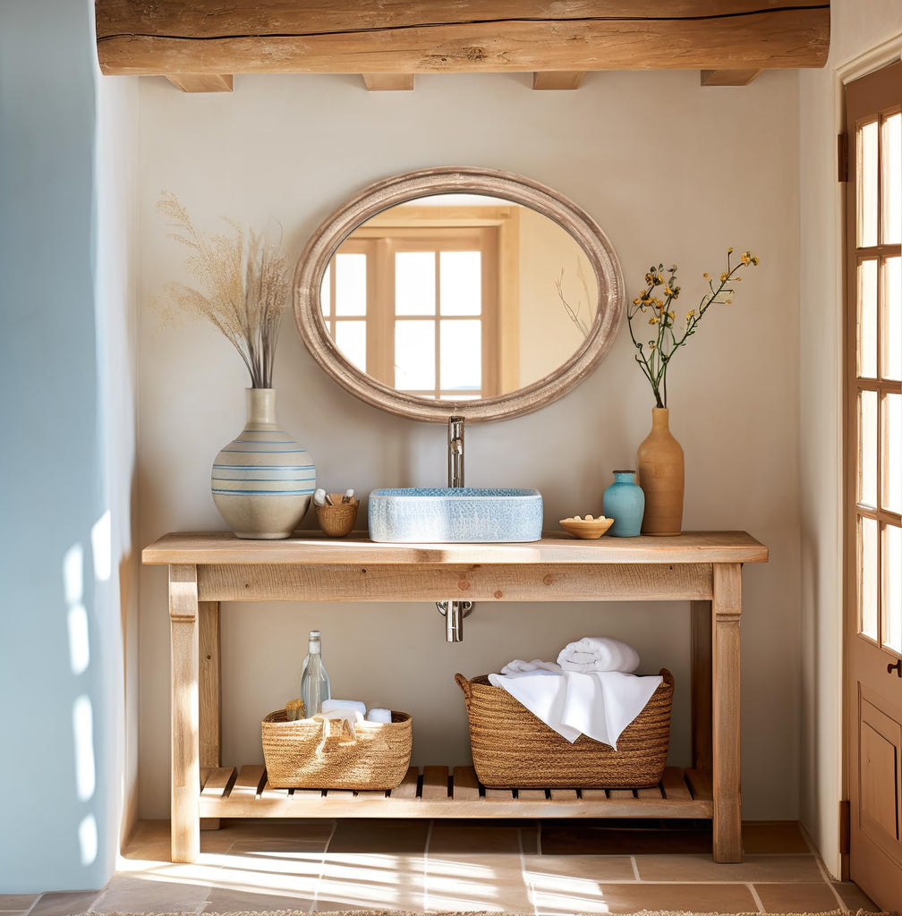 Wood Oval Mirror, 24x30"Farmhouse Rustic Decor Bathroom Vanity Wall Mirrors