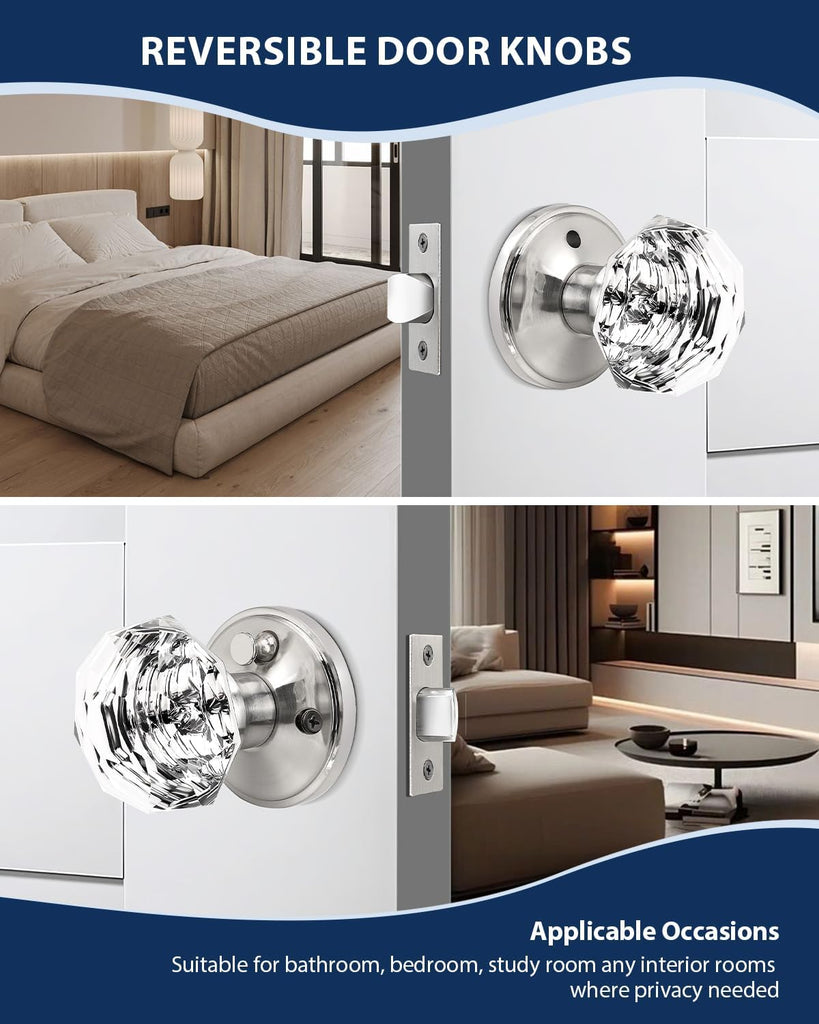 1 Pack Diamond Crystal Door Knob, Privacy Door Handle /Bathroom, Interior Keyless Door Knob with Pin Lock, Zinc Alloy