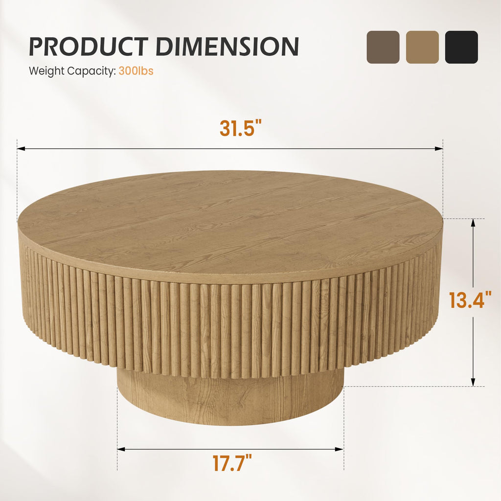 31.5" Round Fluted Coffee Table, Modern Wood Circle Coffee Table, Veneer Handcrafted Relief Tea Table with Sturdy