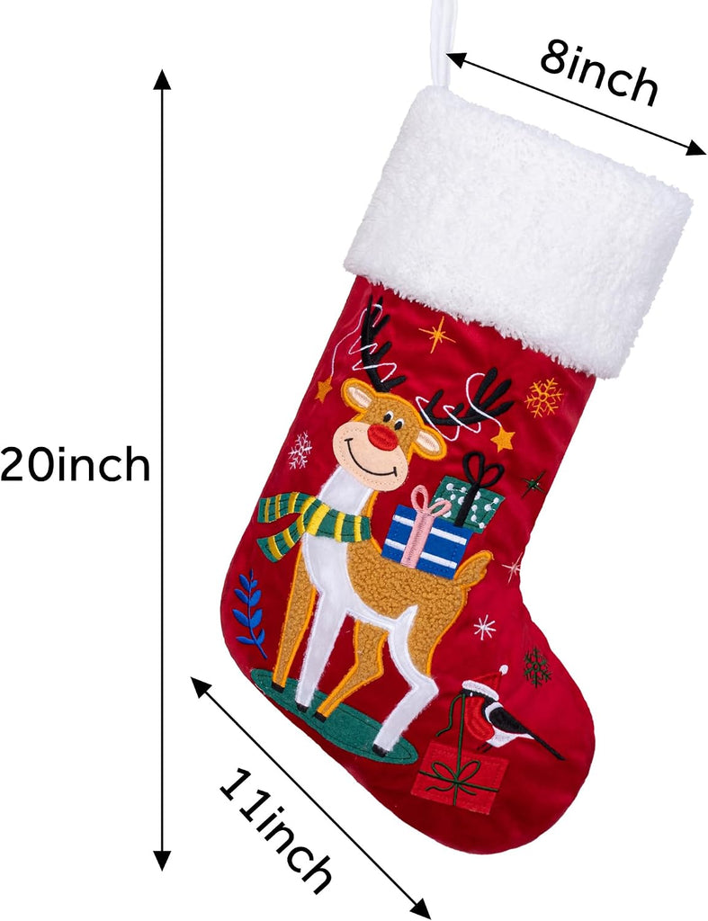 Christmas Stocking 5 Pack Green Blue Red Velvet Embroidery Pattern Soft Faux Fur for Family Decorations Hanging