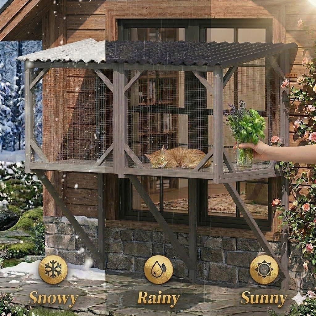 Cat Window Box, Outdoor Window Catio Enclosure for Indoor Cats, Weatherproof UV-Resistant Wooden Cat Window Perch
