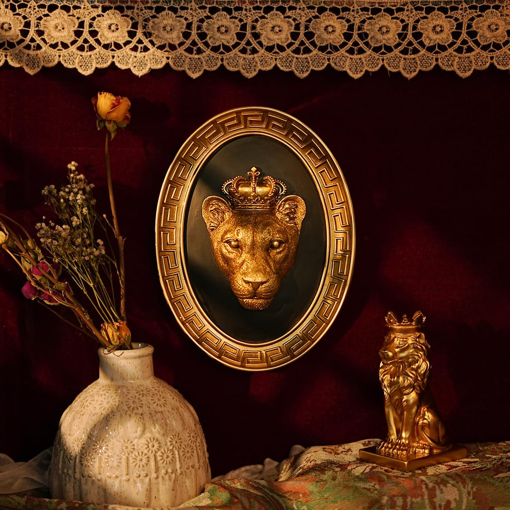 Vintage Wall Sculpture, Retro Gold Lioness Head Oval Framed Wall Art, Antique Wall Decor, Gothic Hanging Decoration
