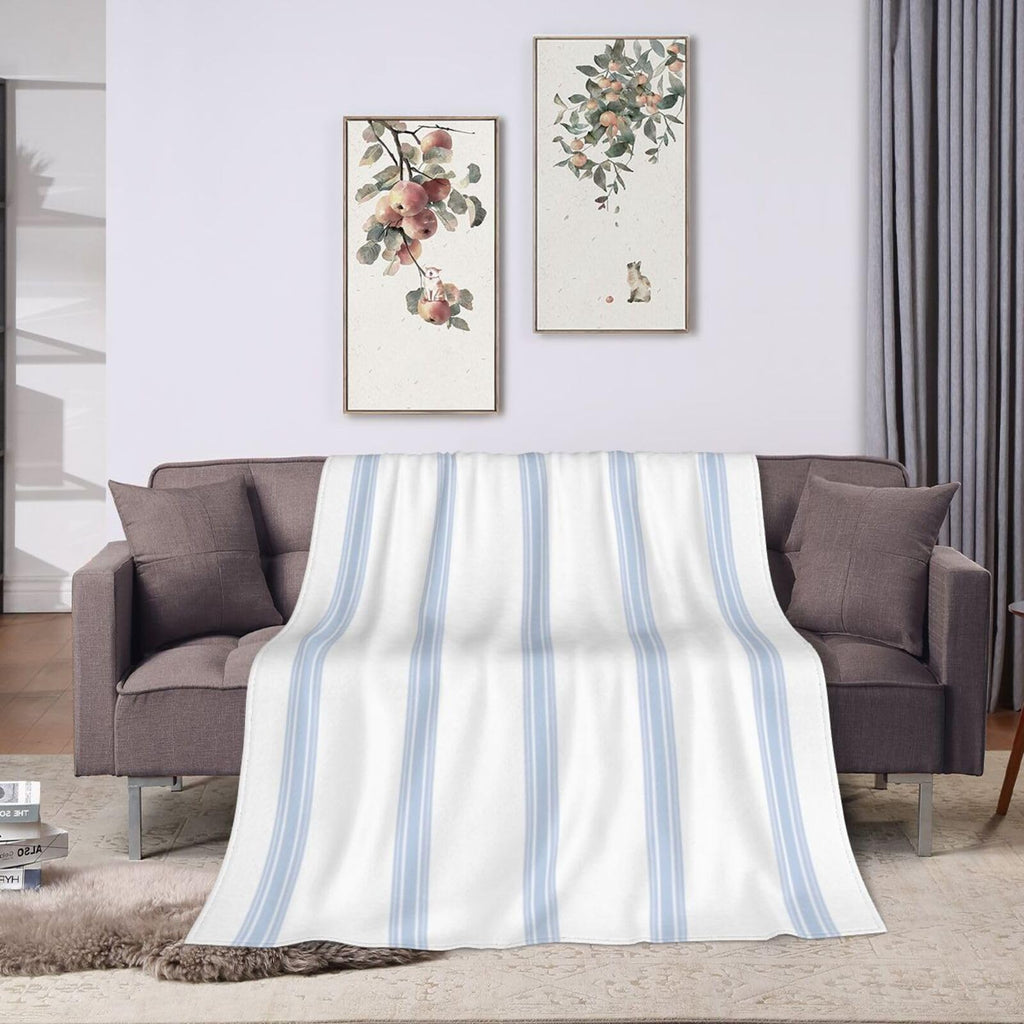 Vintage French Ticking Stripe Pattern Blue White Reversible Flannel Throw Blanket - Ultra Soft Lightweight 40"X30"
