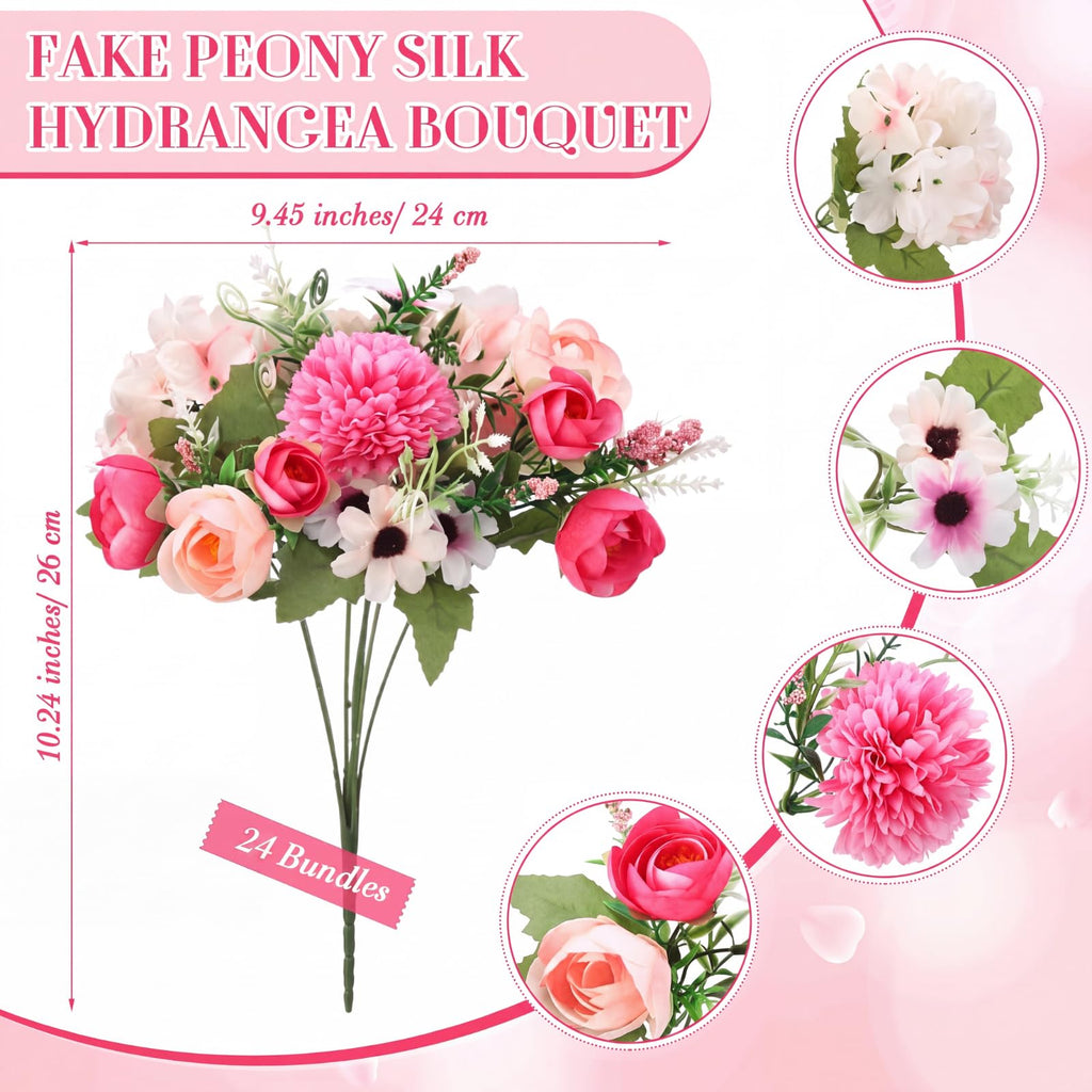 24 Bundles Peonies Artificial Flowers Faux Roses, Rose Red