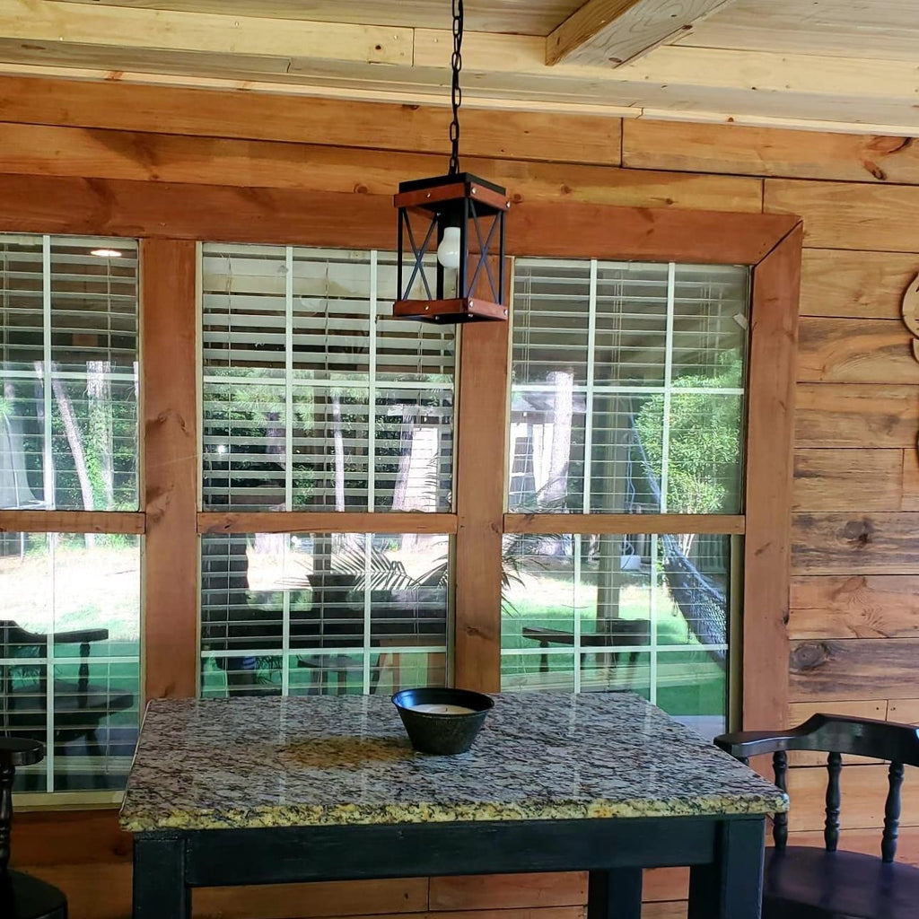 Rustic Farmhouse Plug in Pendant Light with 15ft Cord, On/Off Switch, Wood & Metal Cage Adjustable Chains Industrial