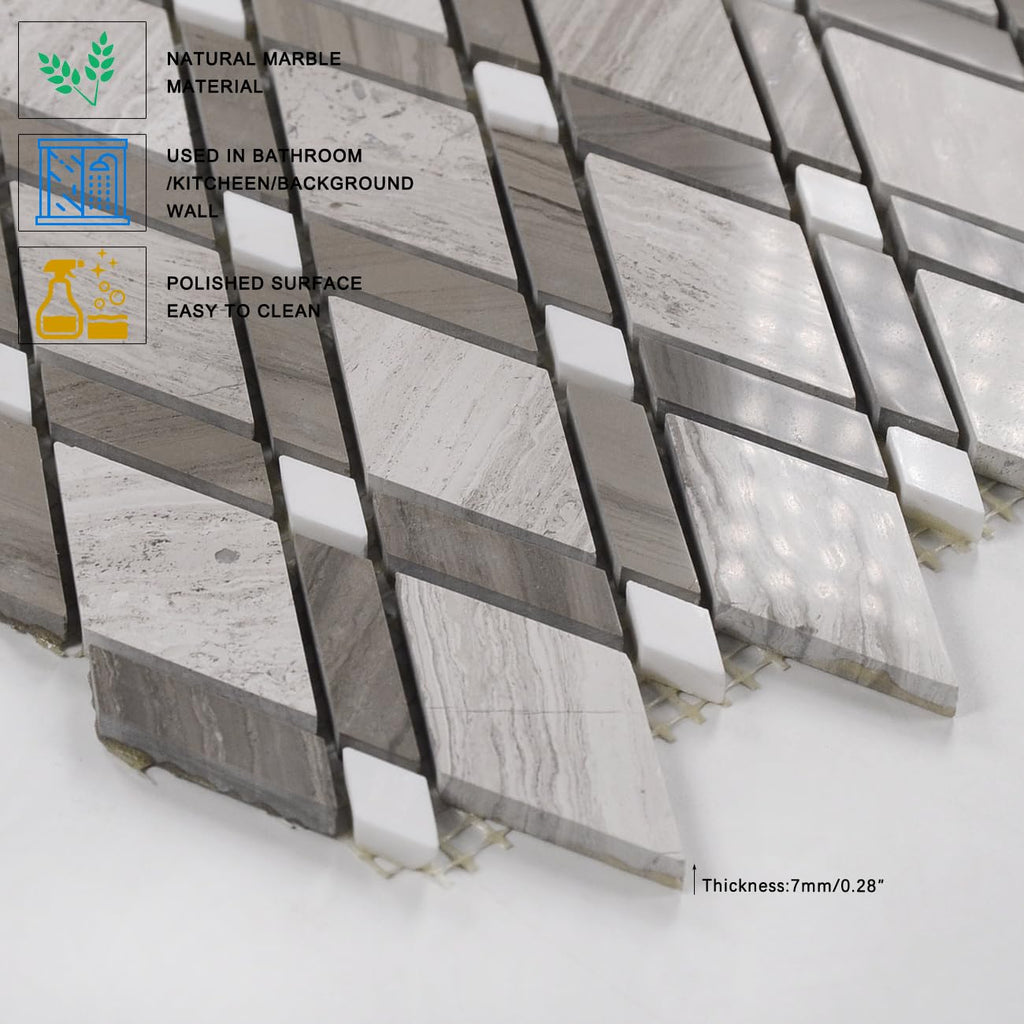 Gray Stone Diamond Mosaic Tiles, 5-Sheet Pack (5 Sq.Ft), Natural Textured Finish (Non-Polished), Geometric Rhombus