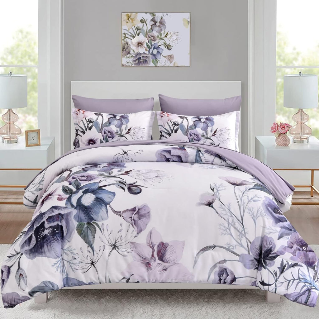 Luxudecor Floral Comforter Set Queen 7 Piece, Purple Flower Bed in a Bag, Elegant Floral Comforter with Sheet Set