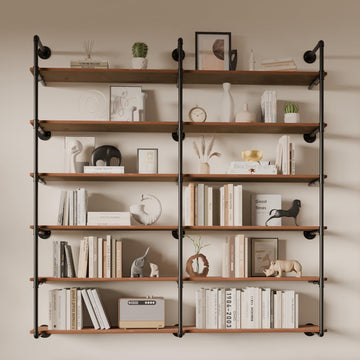 6 Tier Industrial Pipe Shelves with Wood Planks, 60 inch Iron Pipe Shelving, Retro Wall Mounted Bookshelf, Floating
