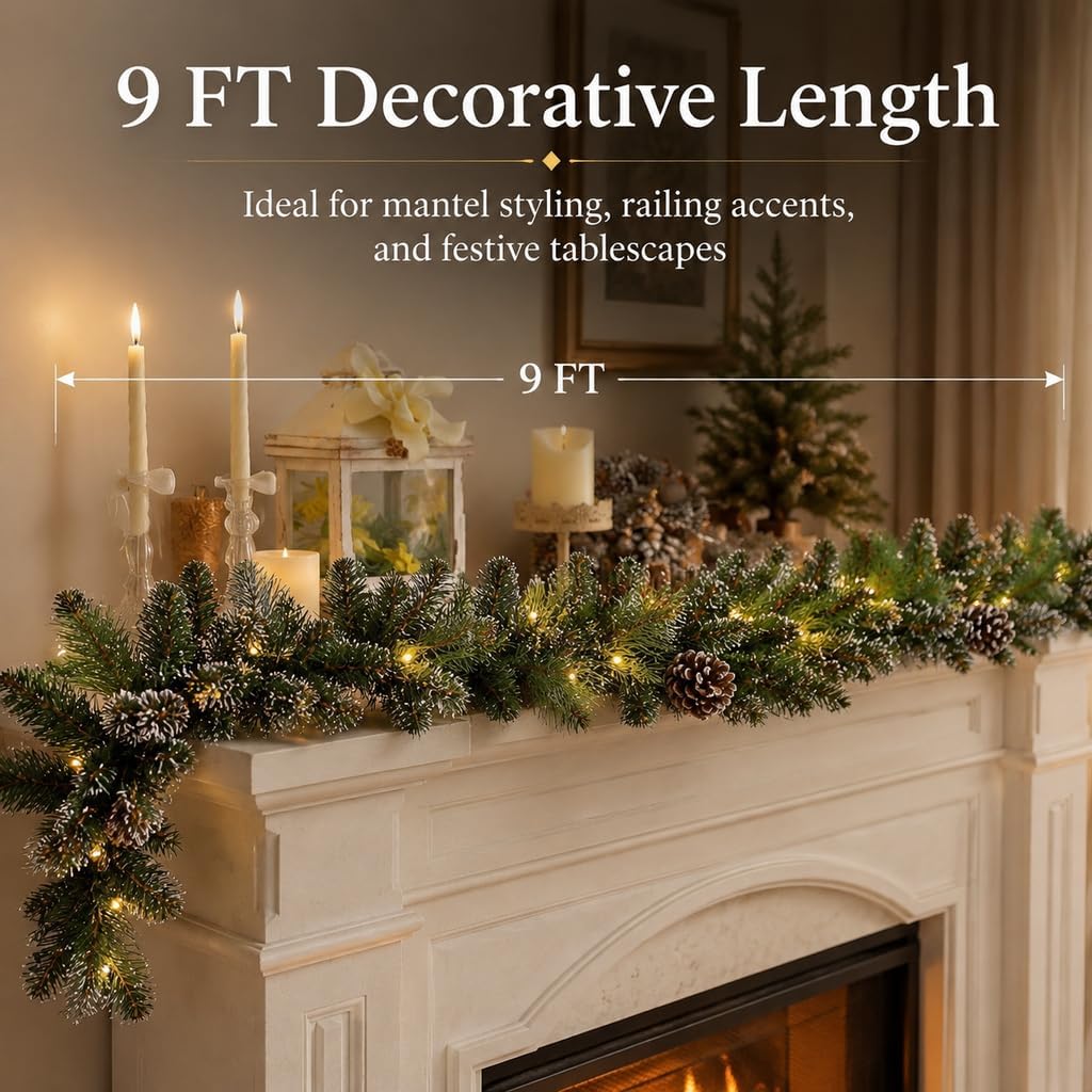 9FT Pre-Lit Artificial Christmas Garland with 50 Lights, White Garland with Pine Cones and Red Berries, Plug-in Snowy