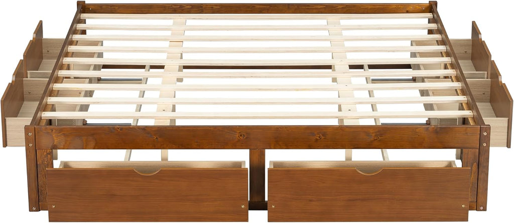 Wood Bed Frame with 6 Storage Drawers, No Headboard, Walnut