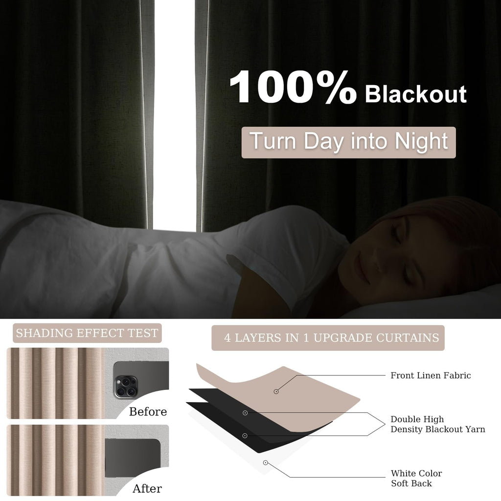 90 inch long linen Blackout curtains 2 Panels 100% Black out Linen texture Curtain Window Drapes with Back Tab Rod