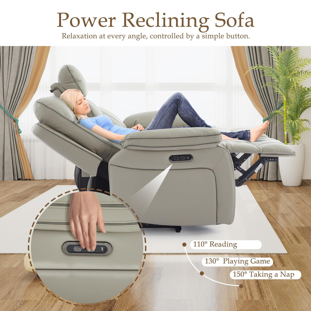 Power Reclining Sofa with Fold Down Table, Breathable Leather Electric Reclining Couch, Power Loveseat Recliner Sofa