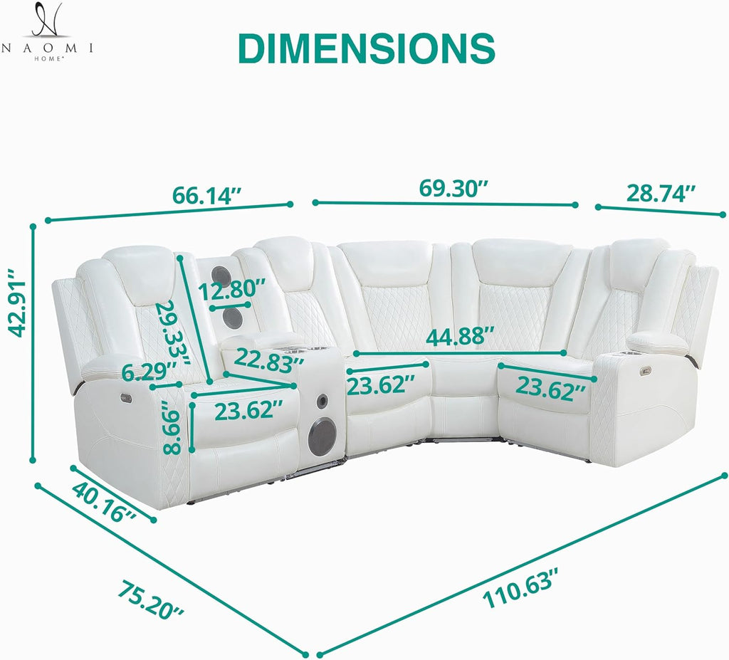 Naomi Home Chicago Home Theater Seating Reclining Sectional with Power Recline, Bluetooth Speakers, LED Lighting