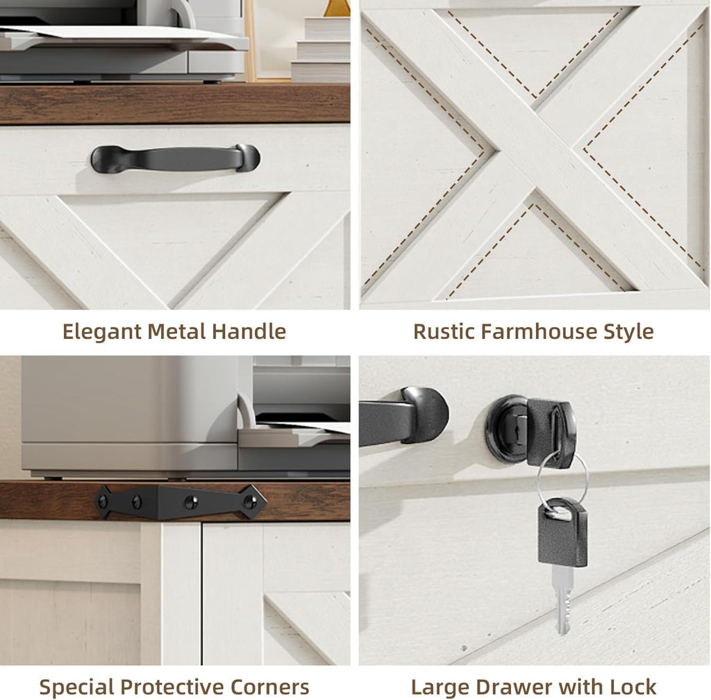 Lateral File Cabinet, Farmhouse Filing Cabinet, Rustic White | 3 Drawer File Cabinet with Lock for Letter/A4/Legal