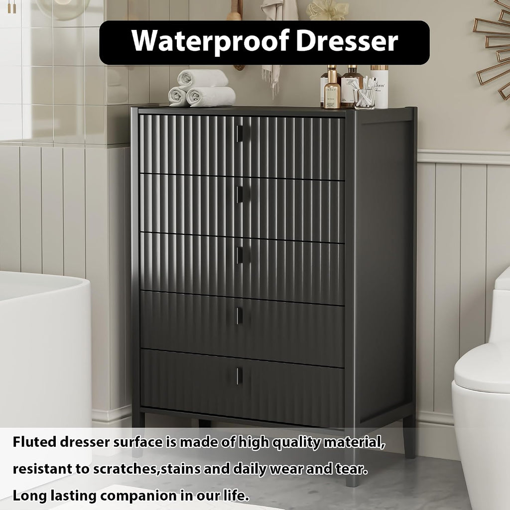 Black 5 Drawer Dresser, Modern Tall Dresser , Fluted Wood Chest of Drawers with Deep Drawers for Clothes, Storage