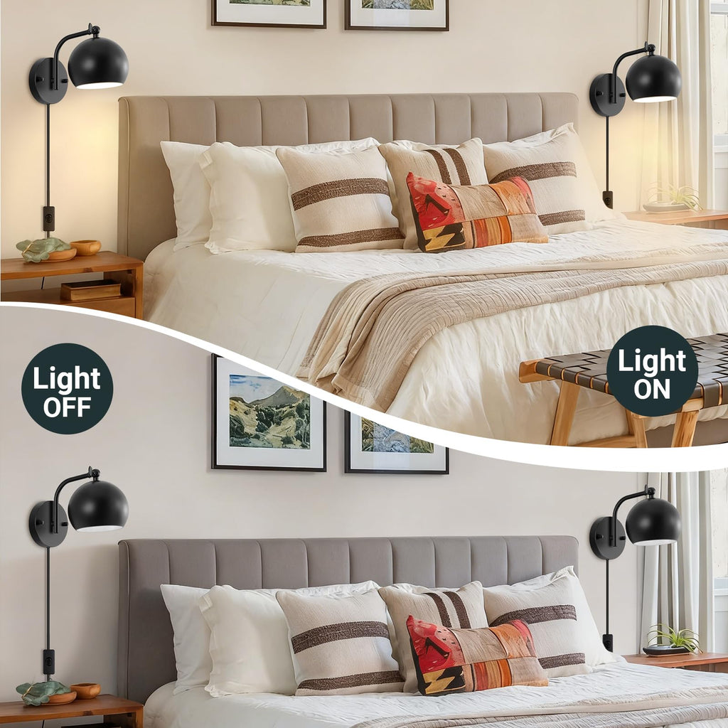 Plug in Wall Sconces Set of 2, Adjustable Angle Black Wall Lights with Plug in Cord & On/Off Switch, Bedside Wall