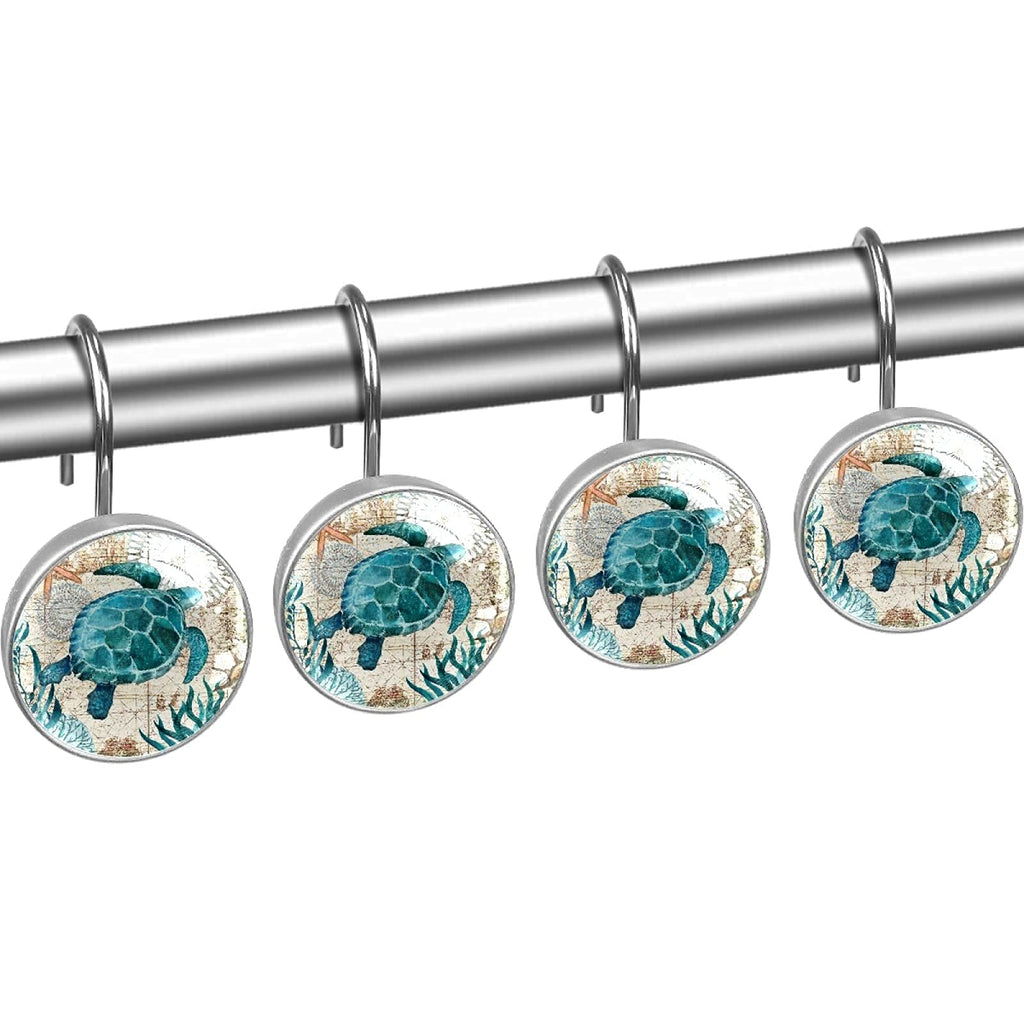 12pcs Ocean Turtles Shower Curtain Hooks, Retro Turtles Decorative Shower Curtain Hanger Rings Roller, Stainless