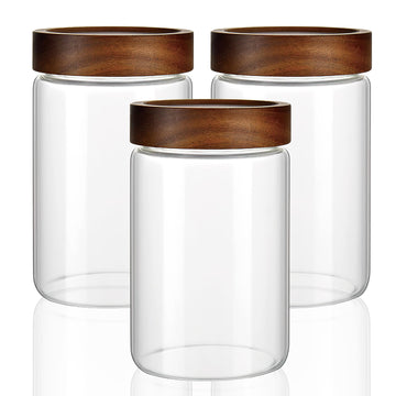3 Pack 28 fl oz/850 ml Clear Glass Storage Canister with Airtight Wooden Screw On Lid, Medium Decorative Glass