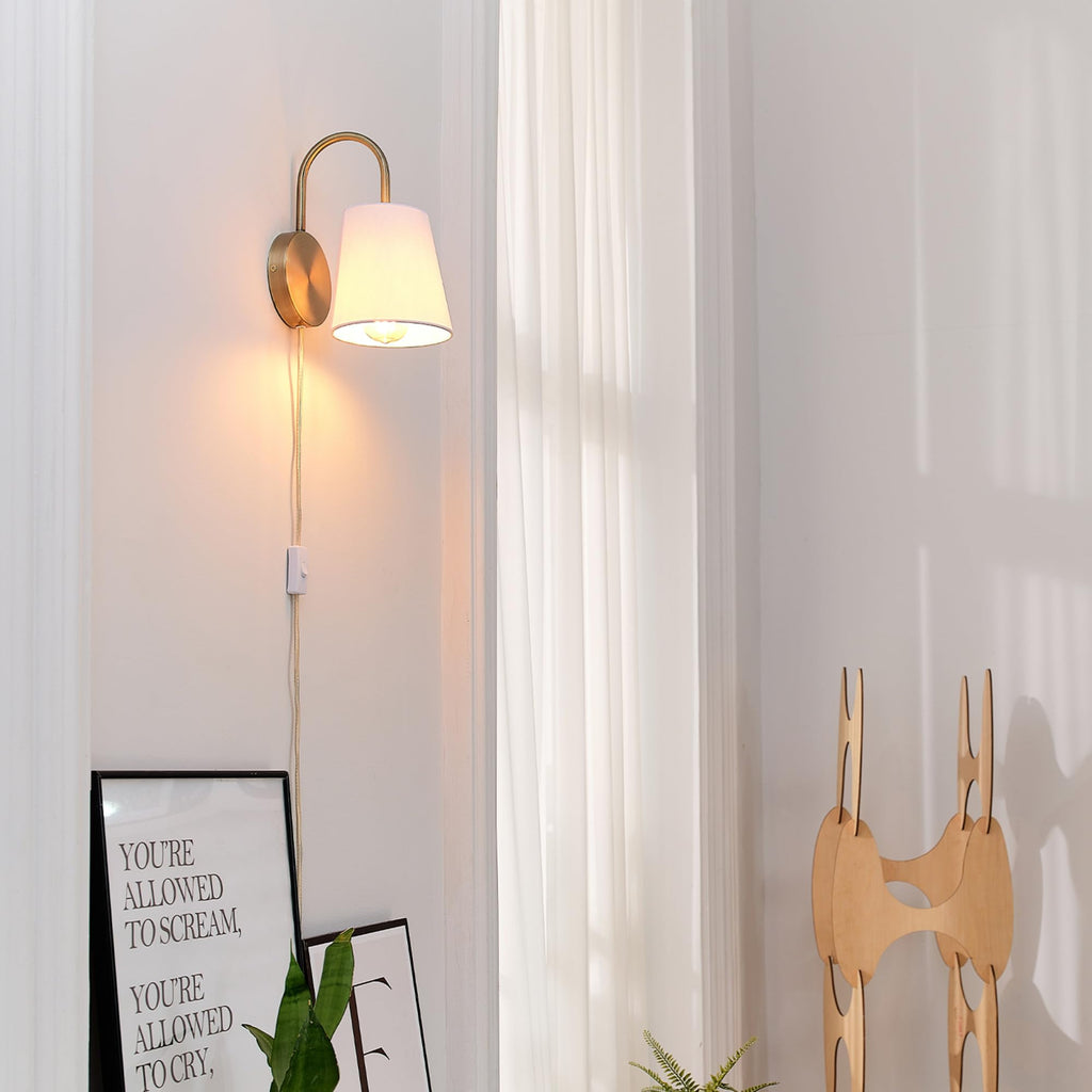 Hardwire or Plug-in Wall Sconce, Matte Brass, White Textured Shade, Arched Arm, Lighting, Home Decor, Lights