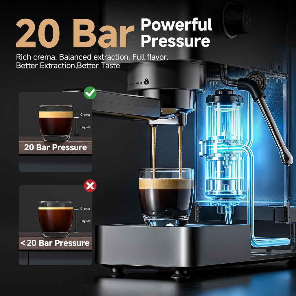Compact Espresso Machine, 20 Bar, Milk Frother, Latte & Cappuccino | Compact Design, 30s Heat-Up, PID Temp Control
