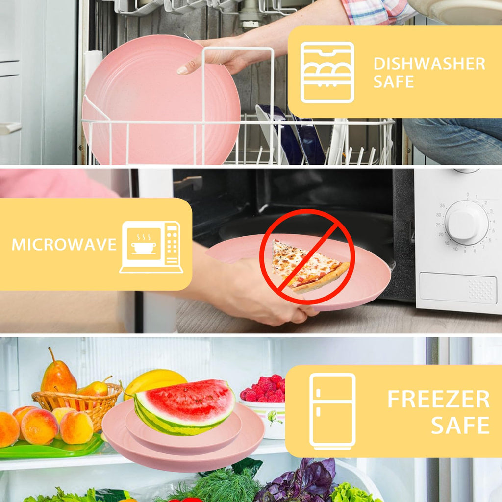 32Pcs Pink Plates and Bowls Sets for 8, Unbreakable Dinnerware