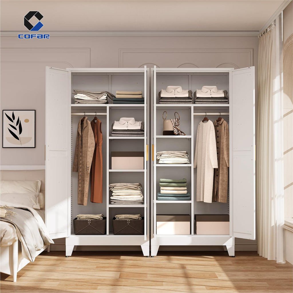 Metal Wardrobe Closet with Doors, 71'' Tall Steel Bedroom Armoire with Adjustable Hanging Rod and Shelves, Broom