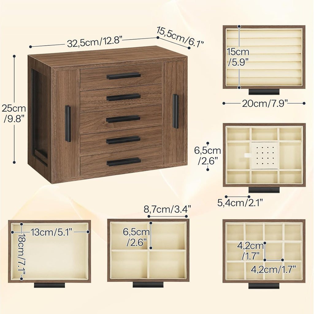 5-Tier Jewelry Box, Wooden Jewelry Organizer with Transparent Window