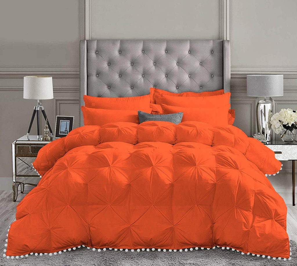 1 Piece White Pom Pom Pinch Pleated Comforter | 1000 Thread Count | 550 GSM Filling, 100% Egyptian Cotton, Super Soft