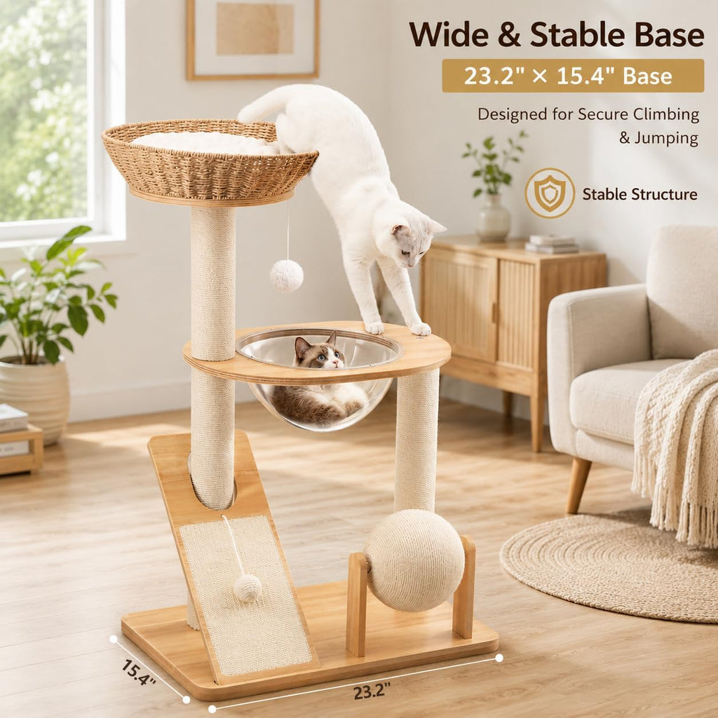 Modern Wooden Cat Tree for Indoor Cats, Furniture Style Cat Tower with Handwoven Basket and Soft Cushion, Acrylic