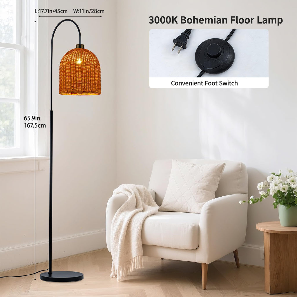 Black Arc Floor Lamp with Handwoven Rattan Shades