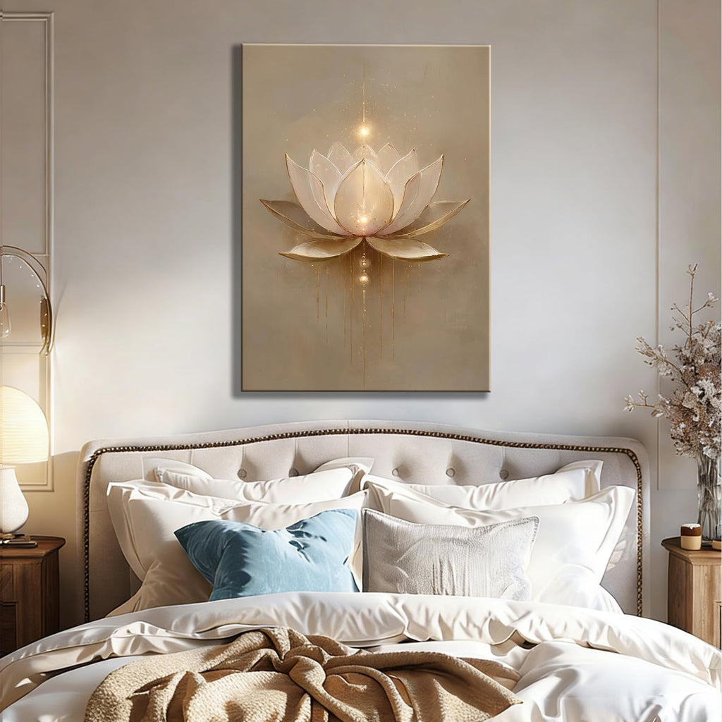 Framed Minimalist Gold Drip Lotus Canvas Wall Art, Soft Beige Floral Zen Canvas Prints Pictures, tranquil wall decor