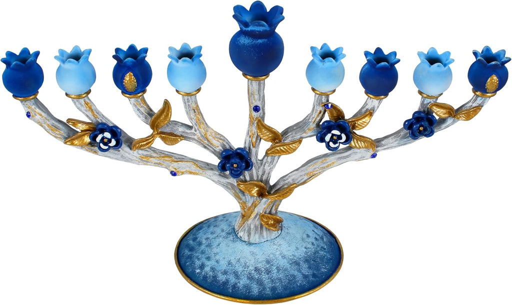 Zion Judaica Pomegranates Tree Hanukkah Multi Blue & Gold Accents Hanukkiah Zinc Alloy Branch Design Fits Standard