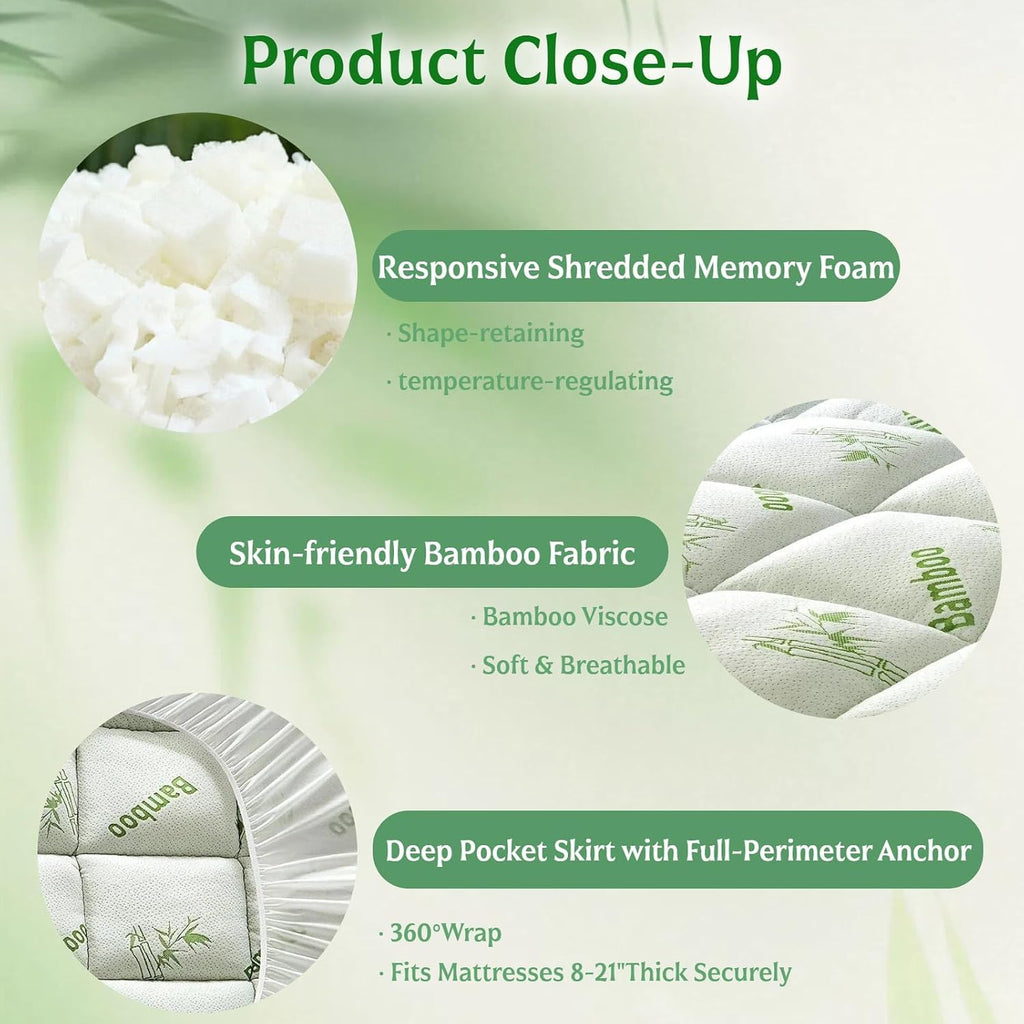 Full Bamboo Mattress Topper, Thick Pillow Top for Hot & Side Sleepers | Cooling bamboo viscose air layer,1700 GSM