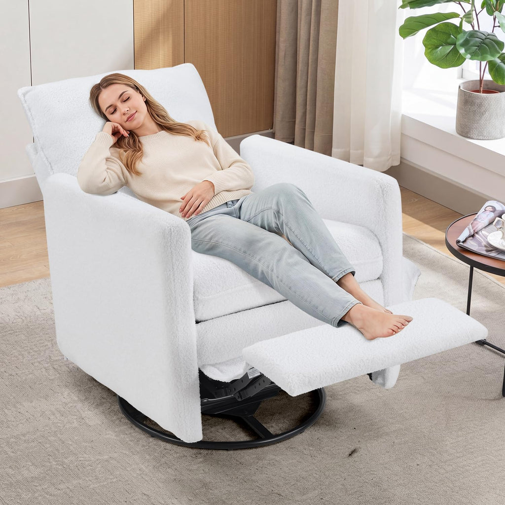 Swivel Rocker Recliner Chair, Teddy Upholstered Nursery Glider Chair, Manual Reclining Chair with Two Removable