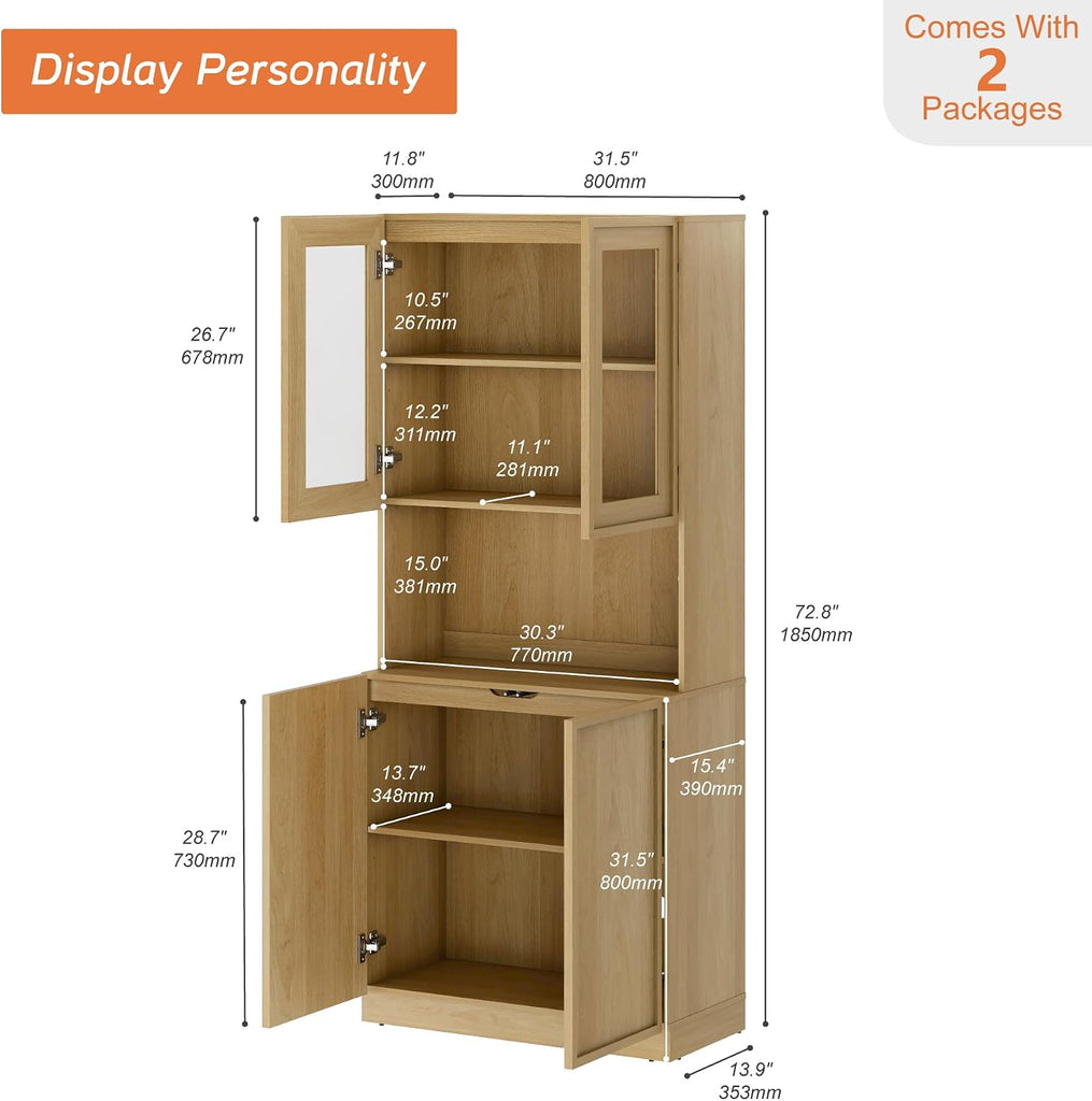 Modern 72" Tall Bookshelf with Glass Doors & Adjustable Shelves, Library Bookcase with Closed Storage Cabinet and