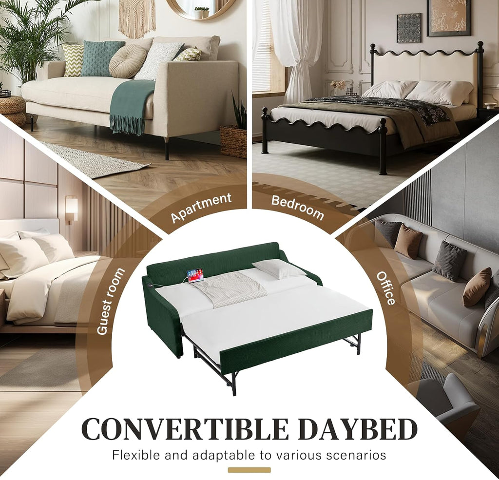 Twin-to-King Daybed with Pop-Up Trundle, USB Port, Corduroy, Green | Twin-to-king daybed with pop-up trundle