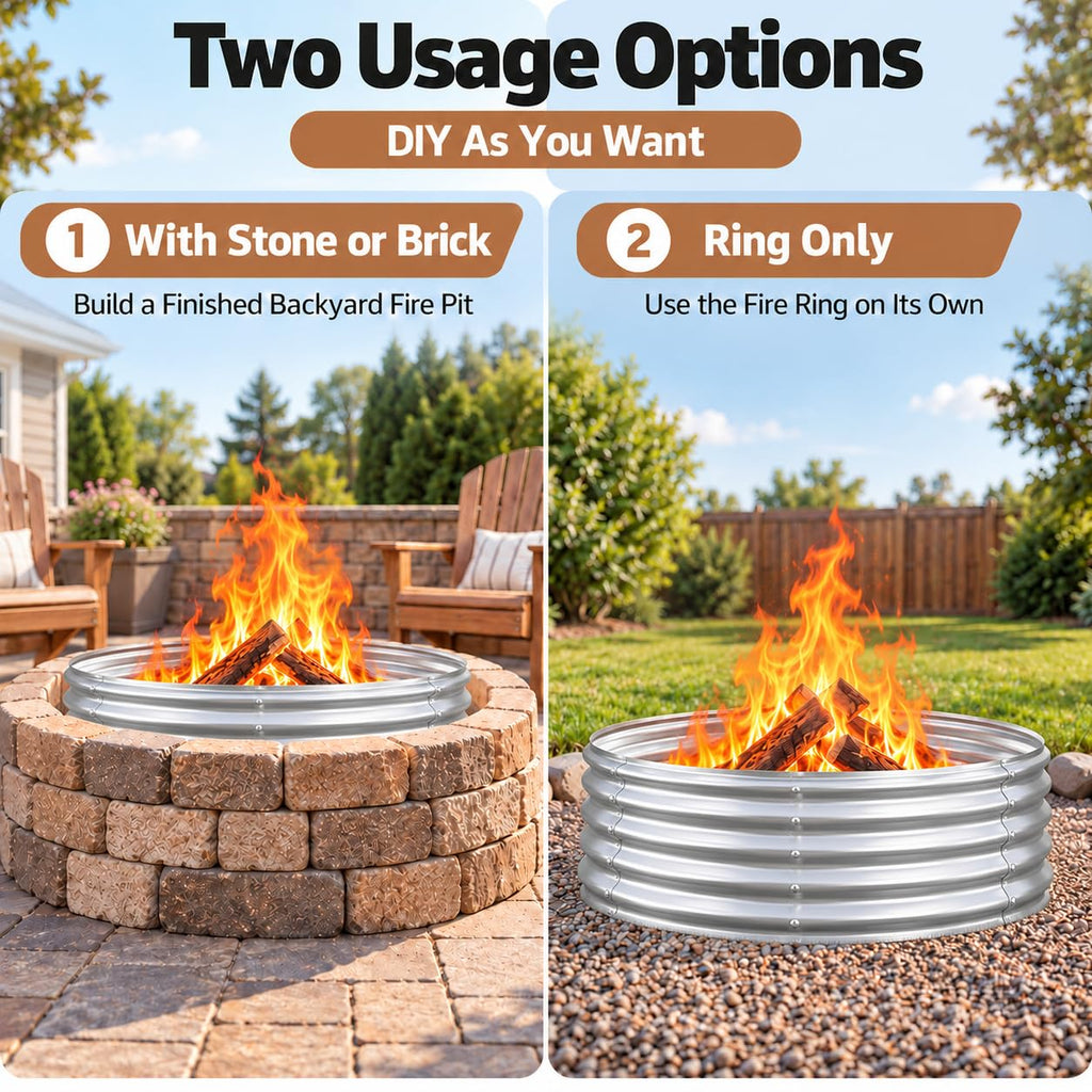 48in Outdoor Fire Pit Ring, Heavy Duty Galvanized Steel Wood Burning Fire pits, Portable for Backyard Bonfire, Outside