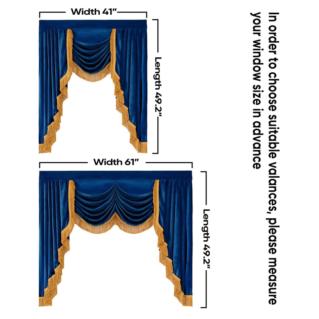 Velvet Valance Curtains, Soft Luxury Waterfall Valance with Gold Tassel Fringe Windows Royal Blue Victorian Style