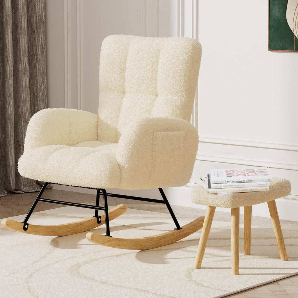 Rocking Chair Nursery with Ottoman,Teddy Upholstered Glider Rocker | High Backrest Reading Chair with Side Pockets